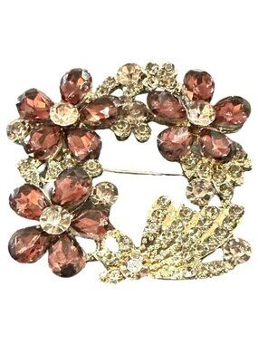 Vintage Brooch Flower Wreath Floral Pink Light Purple Colorless Crystal Rhinesto